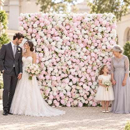 White & Blush 5D Silk Flower Wall Backdrop — 8 ft × 8 ft in an AI-styled wedding scene