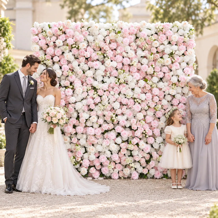 White & Blush 5D Silk Flower Wall Backdrop — 8 ft × 8 ft in an AI-styled wedding scene