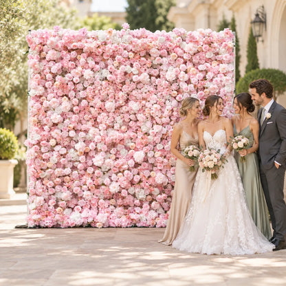Pink & White 5D Silk Flower Wall Backdrop — 8 ft × 8 ft in an AI-styled wedding scene