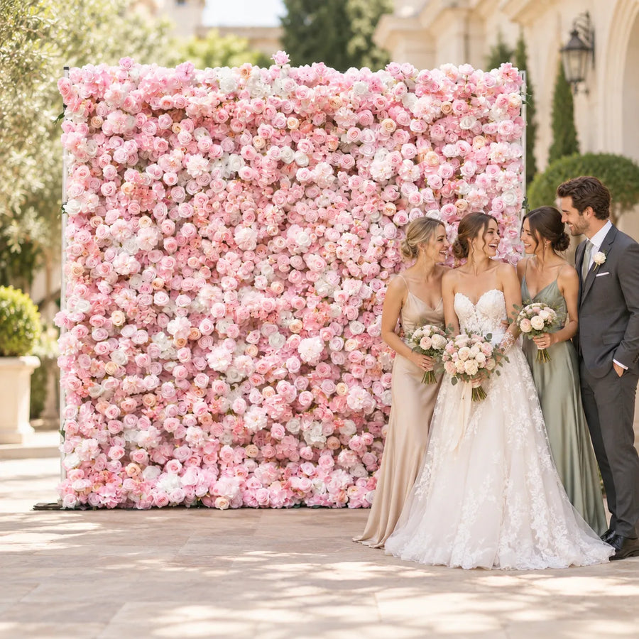 Pink & White 5D Silk Flower Wall Backdrop — 8 ft × 8 ft in an AI-styled wedding scene
