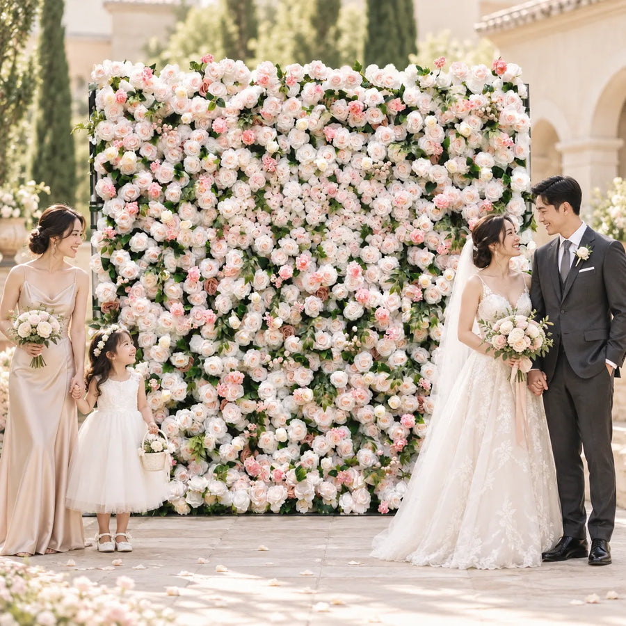 Peach & White 5D Silk Flower Wall Backdrop — 8 ft × 8 ft in an AI-styled wedding scene