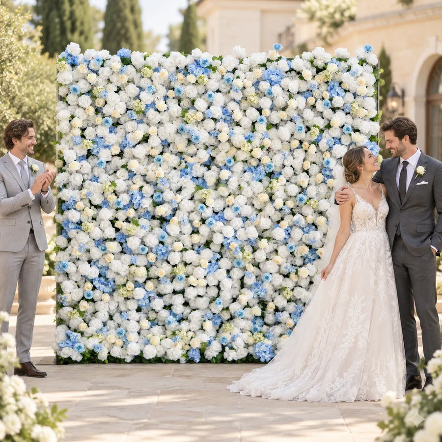 Blue & White 5D Silk Flower Wall Backdrop — 8 ft × 8 ft in an AI-styled wedding scene