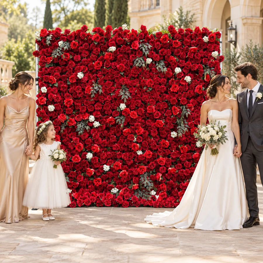 Red 5D Silk Flower Wall Backdrop — 8 ft × 8 ft in an AI-styled wedding scene