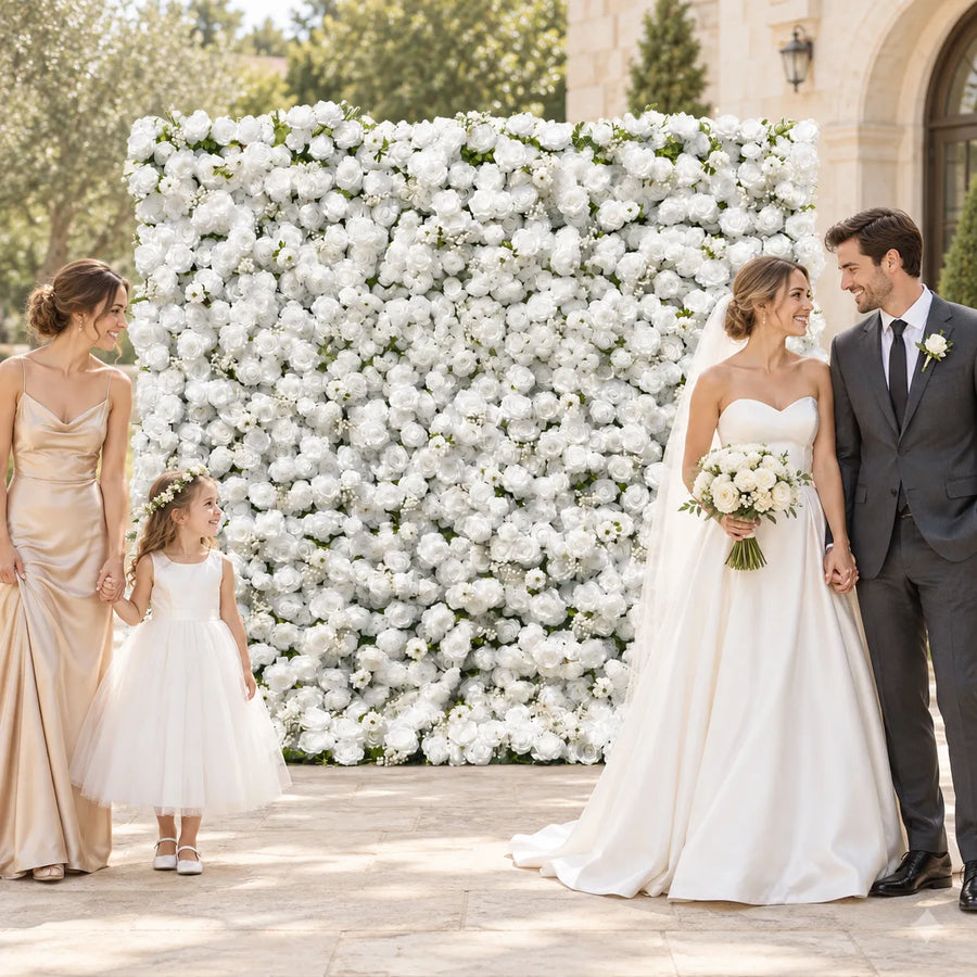 White 5D Silk Flower Wall Backdrop — 8 ft × 8 ft in an AI-styled wedding scene