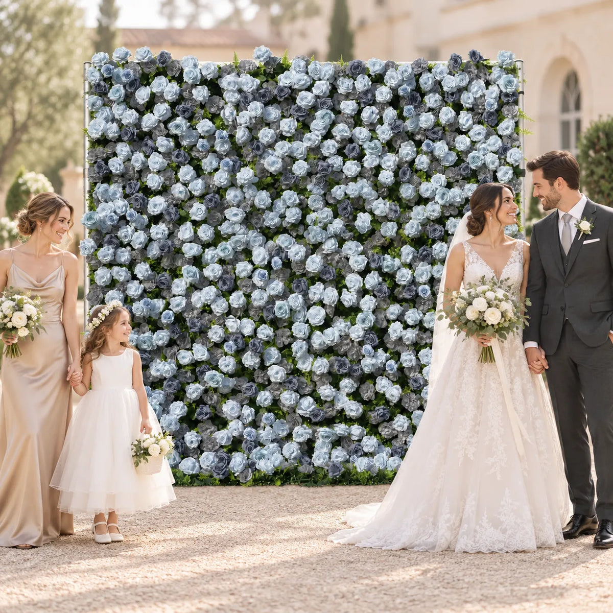 3D Dusty Blue Artificial Roll-Up Flower Wall — 8 ft × 8 ft in an AI-styled wedding scene