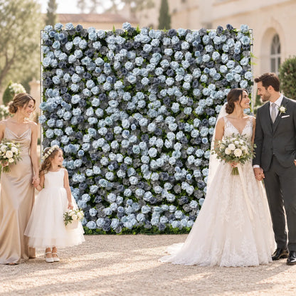 3D Dusty Blue Artificial Roll-Up Flower Wall — 8 ft × 8 ft in an AI-styled wedding scene