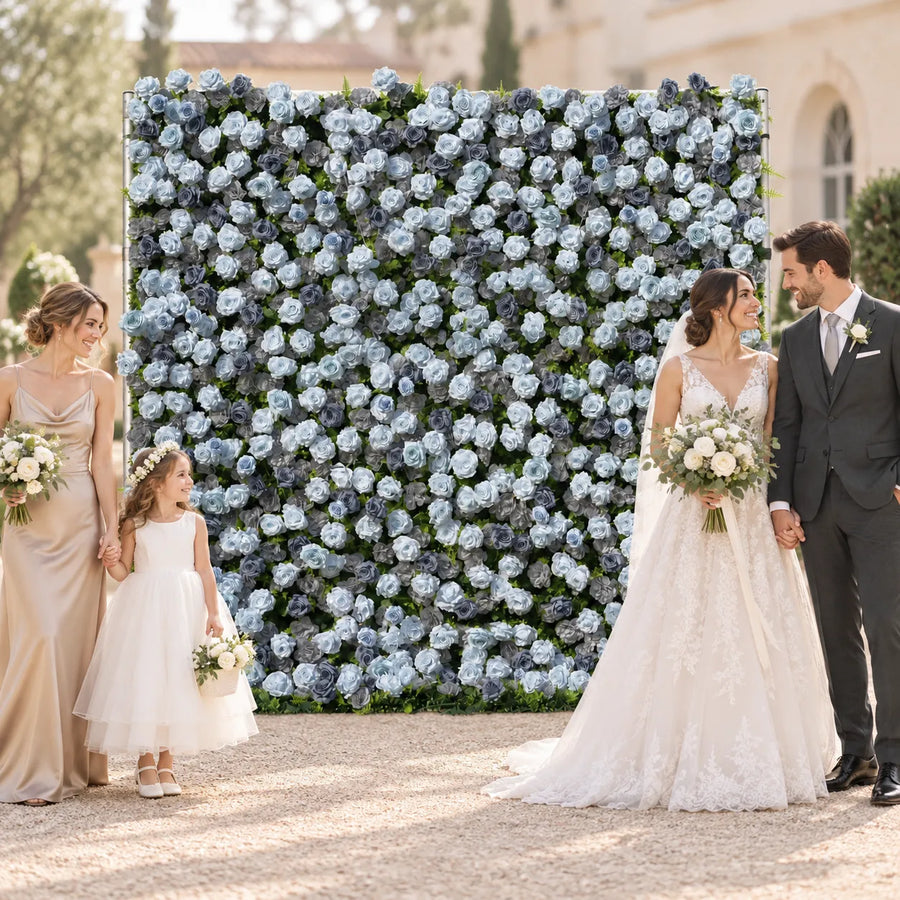 3D Dusty Blue Artificial Roll-Up Flower Wall — 8 ft × 8 ft in an AI-styled wedding scene