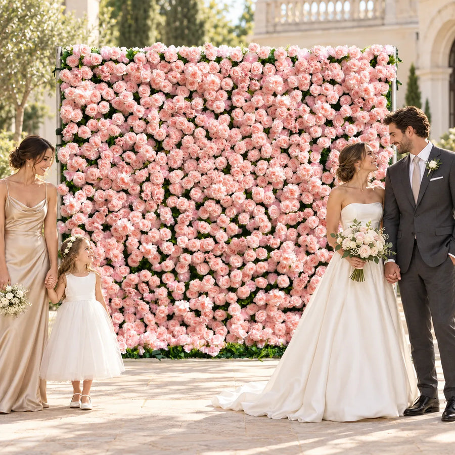3D Blush Pink Artificial Roll-Up Flower Wall — 8 ft × 8 ft in an AI-styled wedding scene