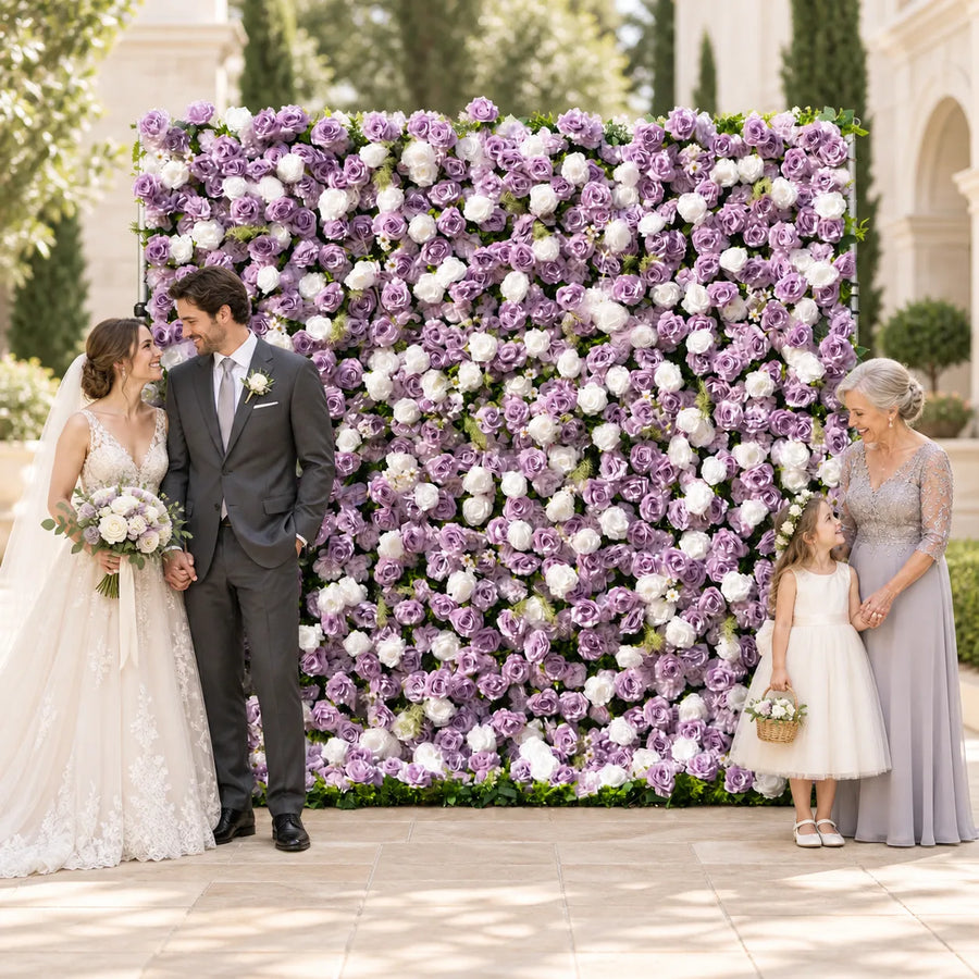 3D Lilac & Cream Artificial Roll-Up Flower Wall — 8 ft × 8 ft in an AI-styled wedding scene