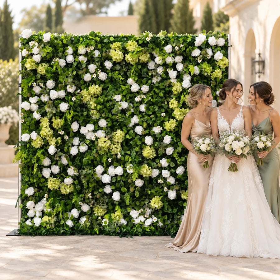 3D White & Foliage Artificial Roll-Up Flower Wall — 8 ft × 8 ft in an AI-styled wedding scene