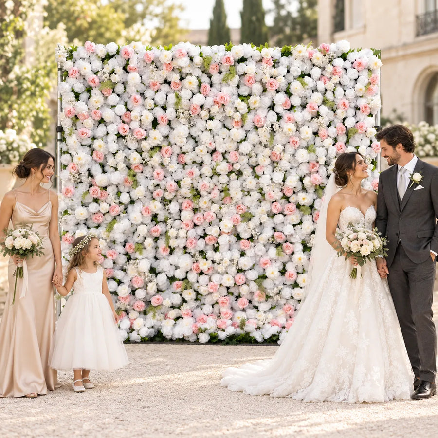 3D White & Blush Pink Artificial Roll-Up Flower Wall — 8 ft × 8 ft in an AI-styled wedding scene