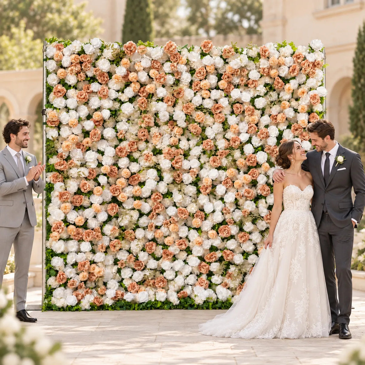 3D Champagne & White Artificial Roll-Up Flower Wall — 8 ft × 8 ft in an AI-styled wedding scene