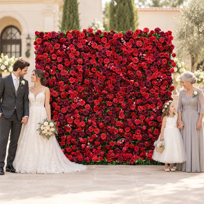 3D Burgundy Red Artificial Roll-Up Flower Wall — 8 ft × 8 ft in an AI-styled wedding scene
