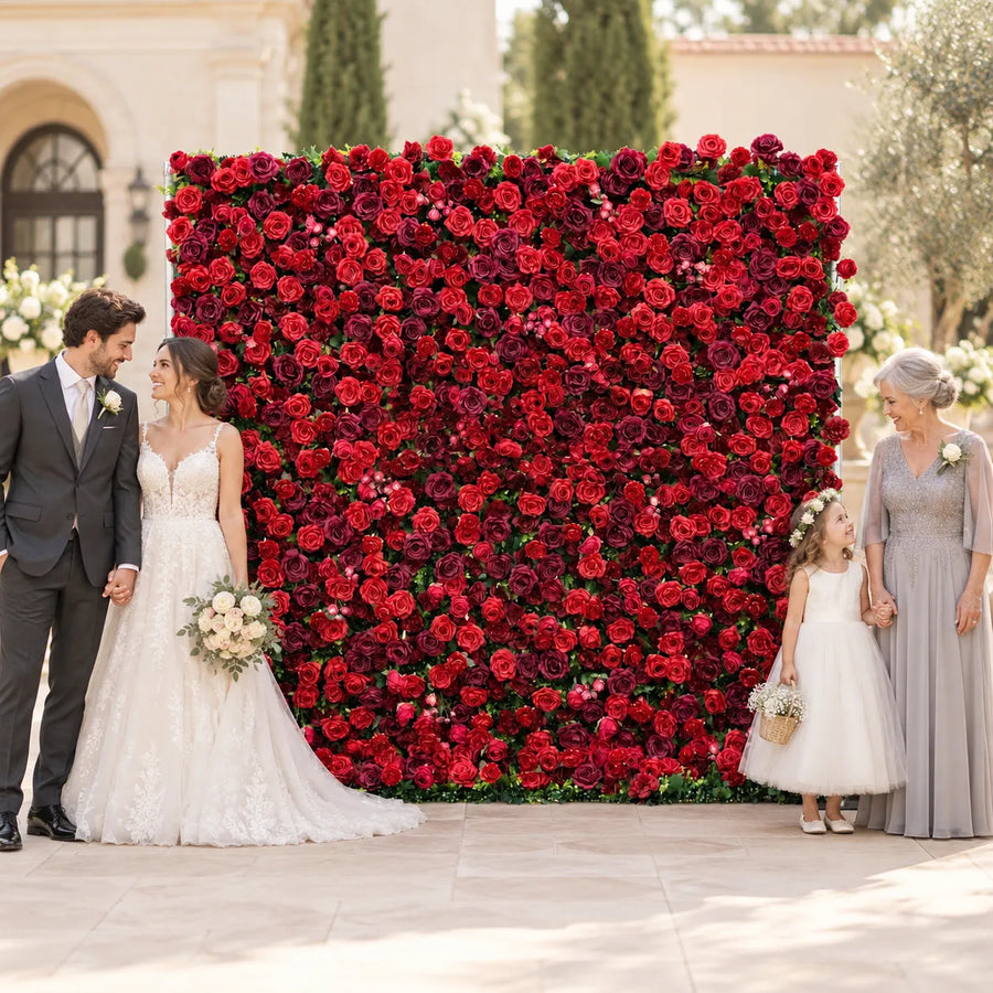 3D Burgundy Red Artificial Roll-Up Flower Wall — 8 ft × 8 ft in an AI-styled wedding scene