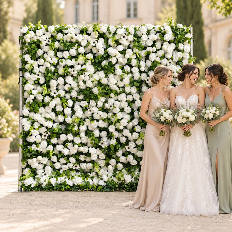 3D White Rose & Greenery Artificial Roll-Up Flower Wall — 8 ft × 8 ft in an AI-styled wedding scene