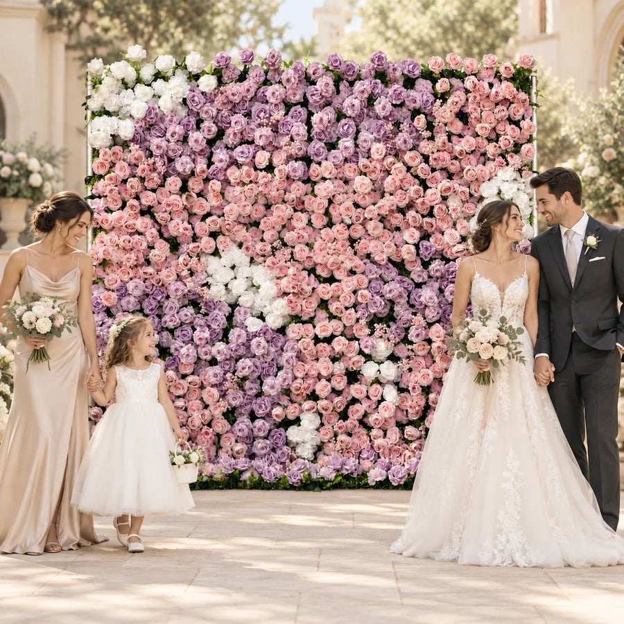 3D Lavender & Blush Artificial Roll-Up Flower Wall — 8 ft × 8 ft in an AI-styled wedding scene