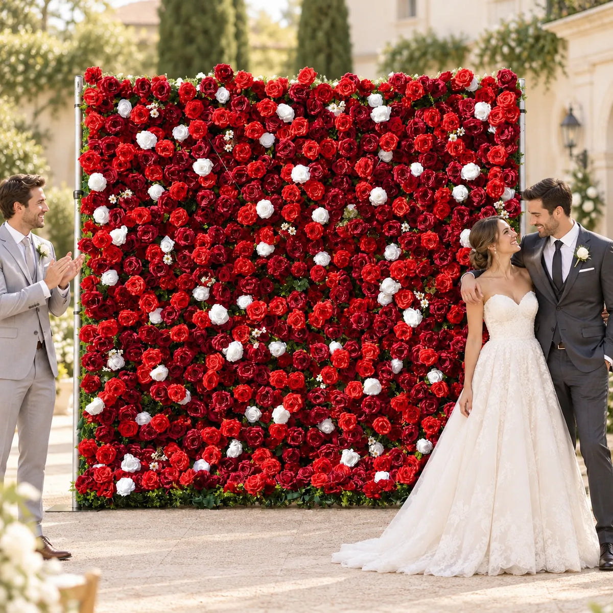 3D Crimson Red & White Artificial Roll-Up Flower Wall — 8 ft × 8 ft in an AI-styled wedding scene