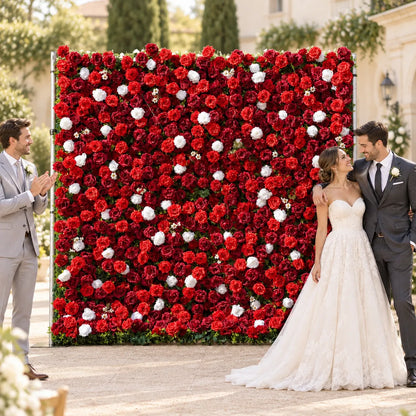 3D Crimson Red & White Artificial Roll-Up Flower Wall — 8 ft × 8 ft in an AI-styled wedding scene