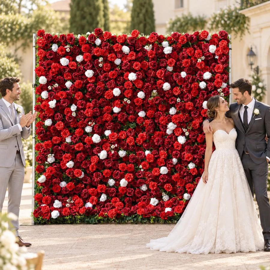 3D Crimson Red & White Artificial Roll-Up Flower Wall — 8 ft × 8 ft in an AI-styled wedding scene
