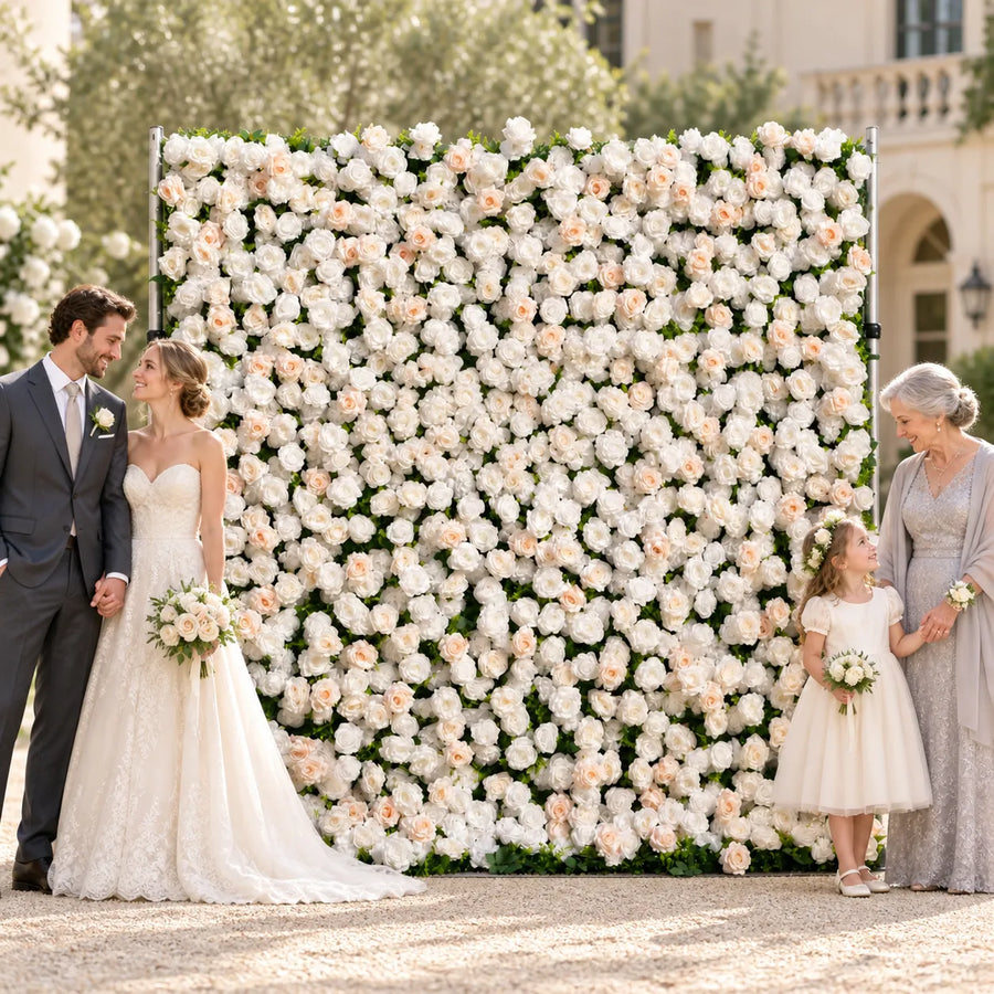 3D Ivory & Nude Artificial Roll-Up Flower Wall — 8 ft × 8 ft in an AI-styled wedding scene