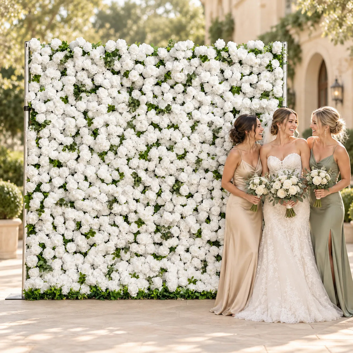 3D White & Greenery Artificial Roll-Up Flower Wall — 8 ft × 8 ft in an AI-styled wedding scene