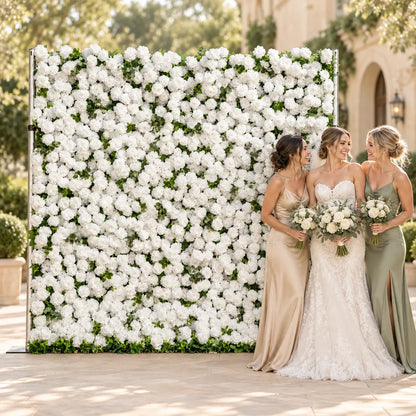 3D White & Greenery Artificial Roll-Up Flower Wall — 8 ft × 8 ft in an AI-styled wedding scene