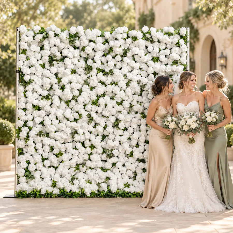 3D White & Greenery Artificial Roll-Up Flower Wall — 8 ft × 8 ft in an AI-styled wedding scene