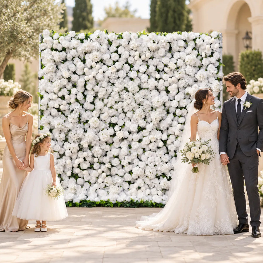 3D Pure White Artificial Roll-Up Flower Wall — 8 ft × 8 ft in an AI-styled wedding scene