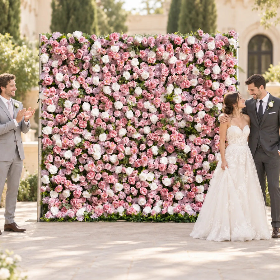 3D Dreamy Purple Artificial Roll-Up Flower Wall — 8 ft × 8 ft in an AI-styled wedding scene