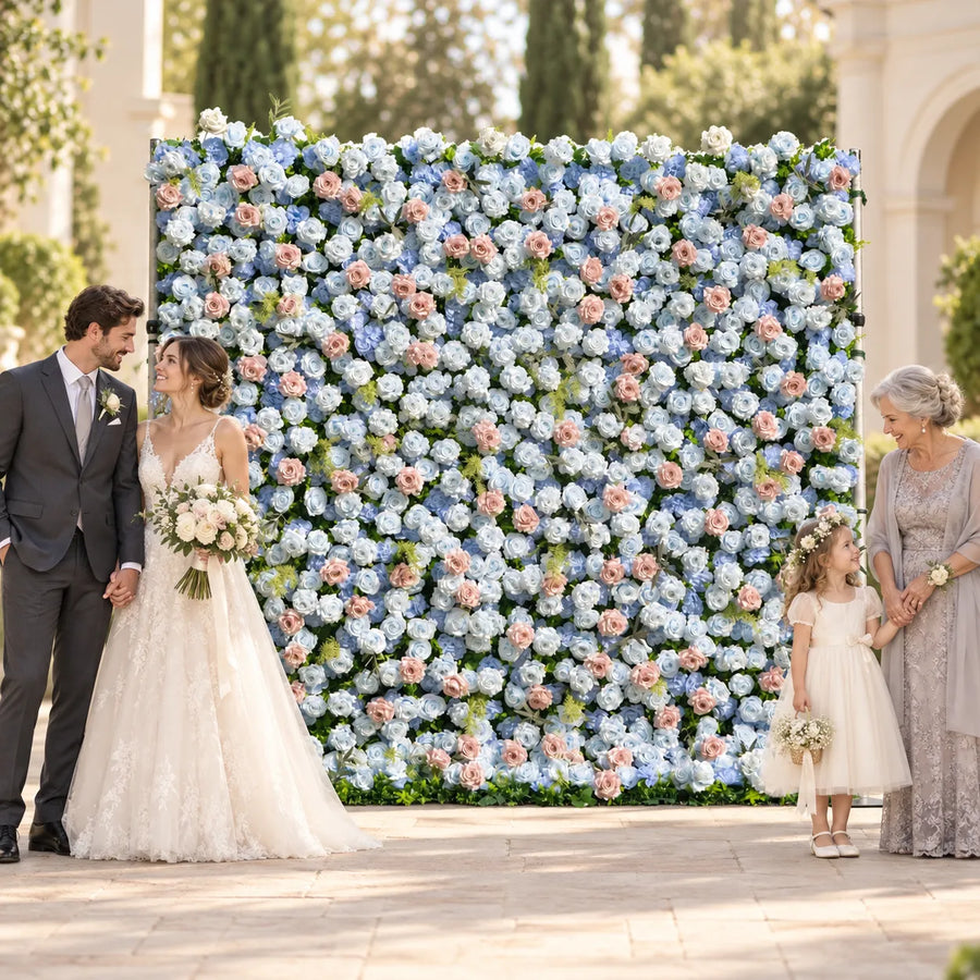 3D Blue & Dusty Rose Artificial Roll-Up Flower Wall — 8 ft × 8 ft in an AI-styled wedding scene