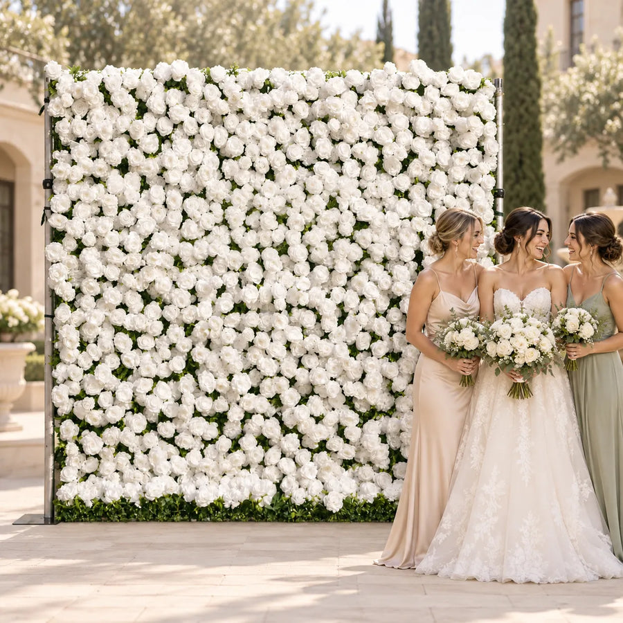 3D White Artificial Roll-Up Flower Wall — 8 ft × 8 ft in an AI-styled wedding scene