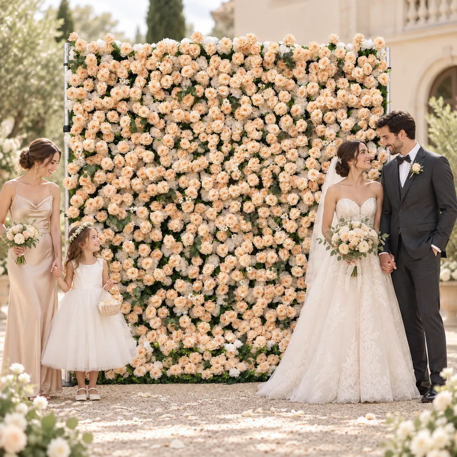 3D Champagne Artificial Roll-Up Flower Wall — 8 ft × 8 ft in an AI-styled wedding scene