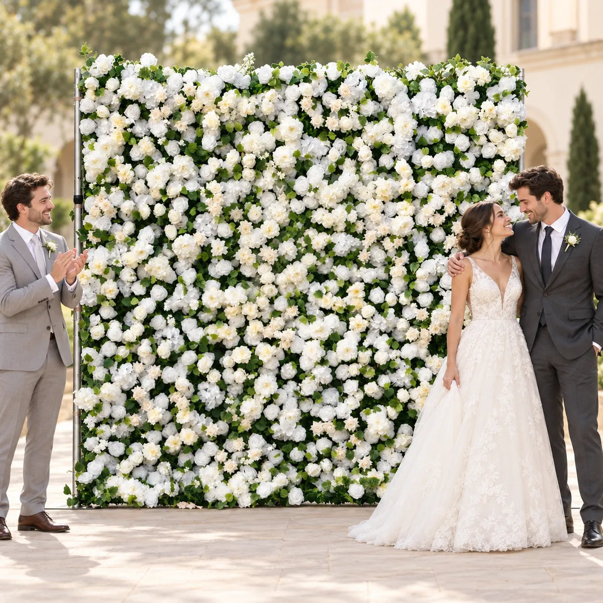5D White & Greenery Artificial Roll-Up Flower Wall — 8 ft × 8 ft in an AI-styled wedding scene