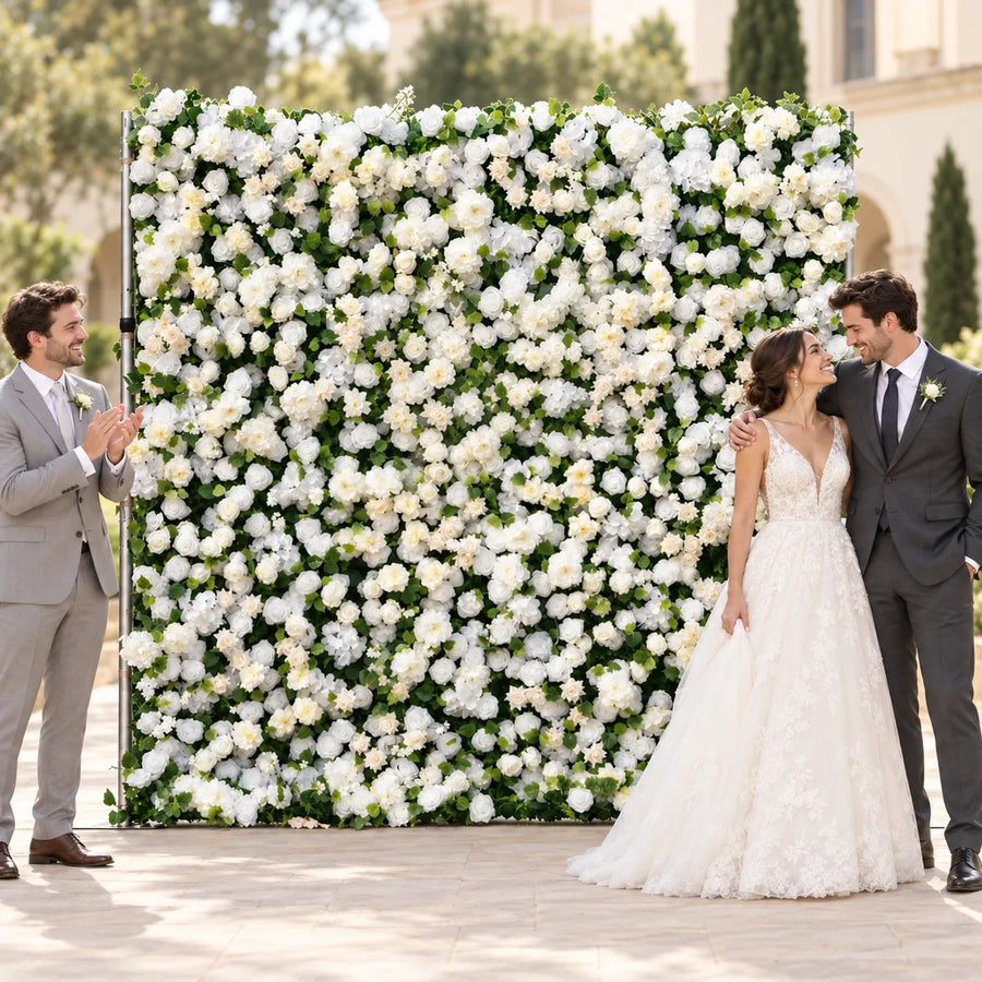 5D White & Greenery Artificial Roll-Up Flower Wall — 8 ft × 8 ft in an AI-styled wedding scene