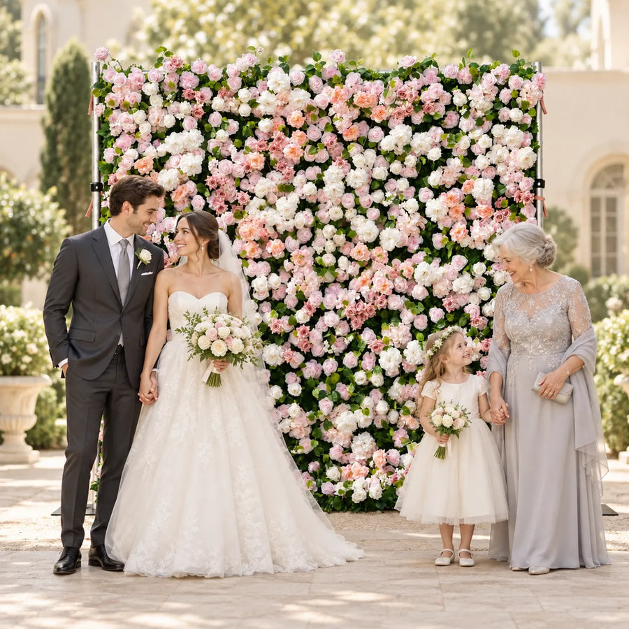 5D Blush, Peach & White Artificial Roll-Up Flower Wall — 8 ft × 8 ft in an AI-styled wedding scene