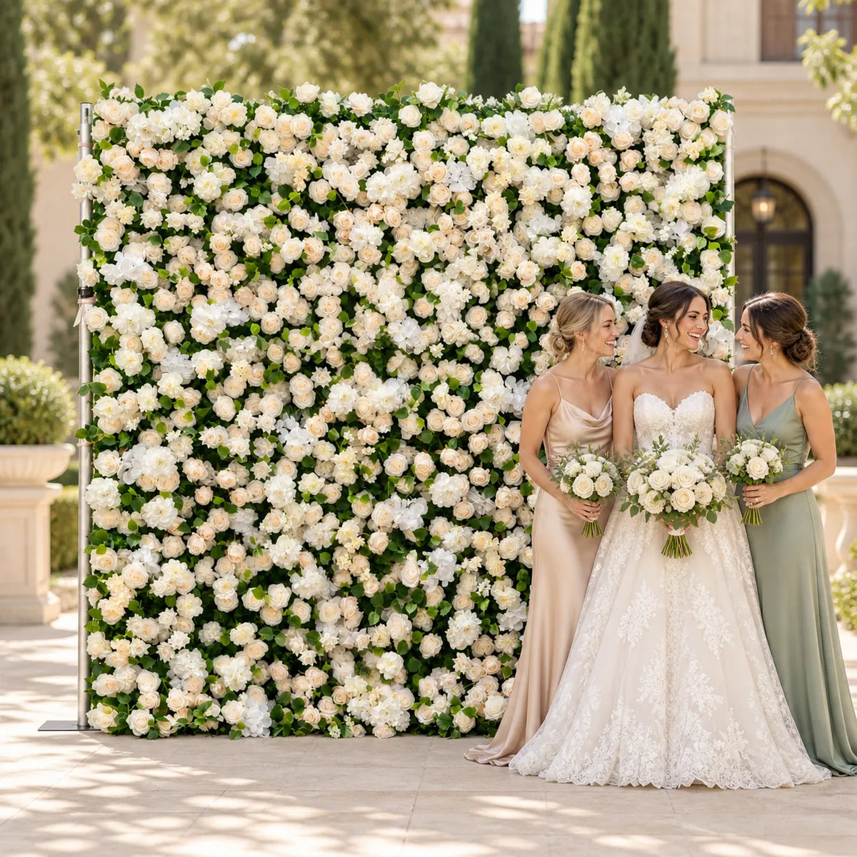 5D Cream & White Artificial Roll-Up Flower Wall — 8 ft × 8 ft in an AI-styled wedding scene