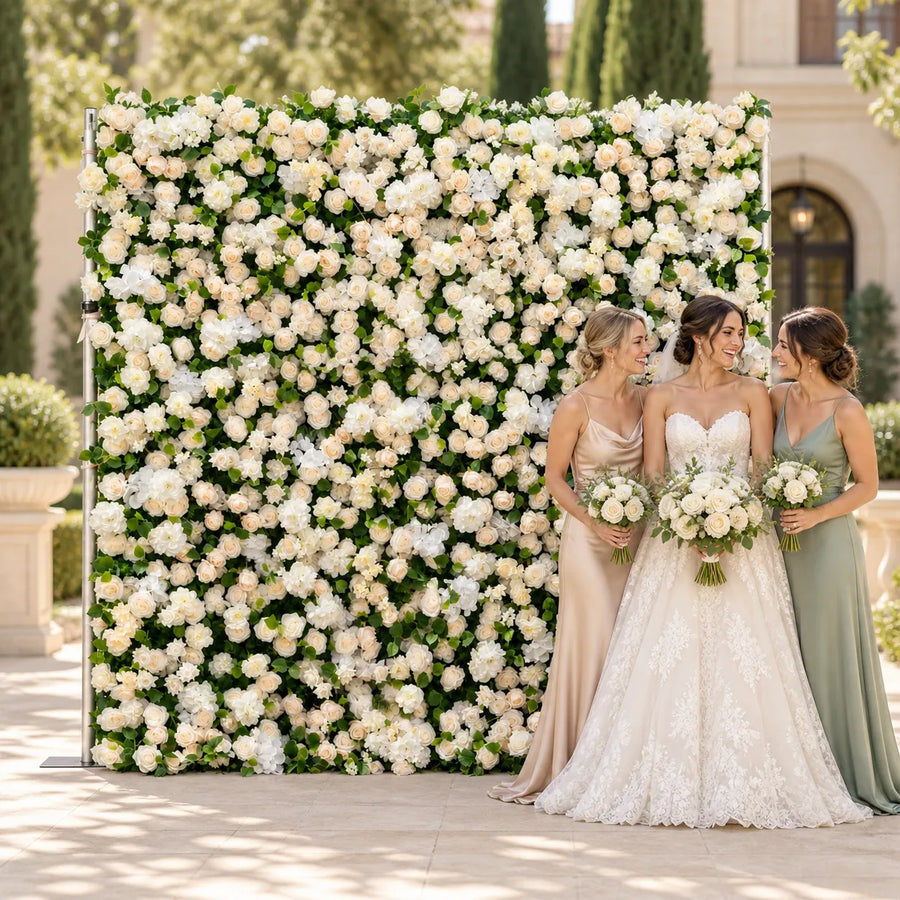 5D Cream & White Artificial Roll-Up Flower Wall — 8 ft × 8 ft in an AI-styled wedding scene