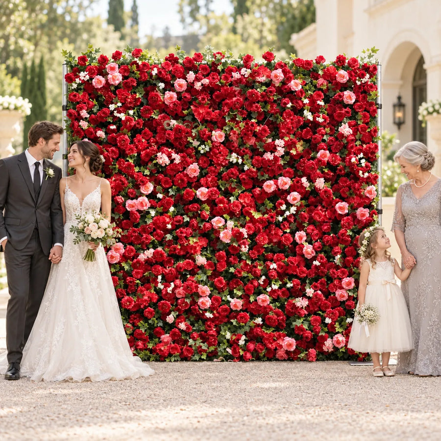 5D Red, Pink & White Artificial Roll-Up Flower Wall — 8 ft × 8 ft in an AI-styled wedding scene