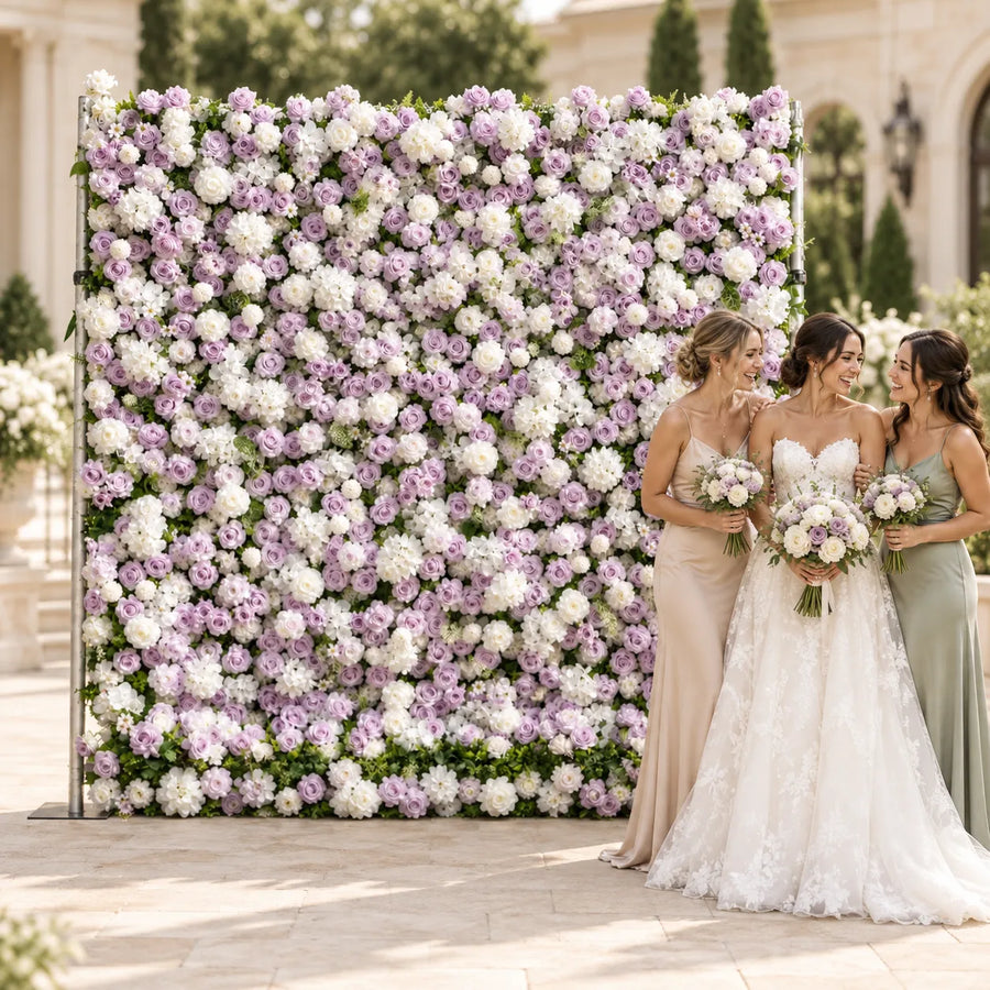 5D Lavender & White Artificial Roll-Up Flower Wall — 8 ft × 8 ft in an AI-styled wedding scene