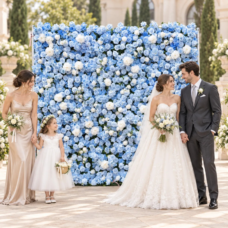 5D Blue & White Artificial Roll-Up Flower Wall — 8 ft × 8 ft in an AI-styled wedding scene