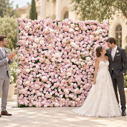 5D Blush Pink & White Artificial Roll-Up Flower Wall — 8 ft × 8 ft in an AI-styled wedding scene