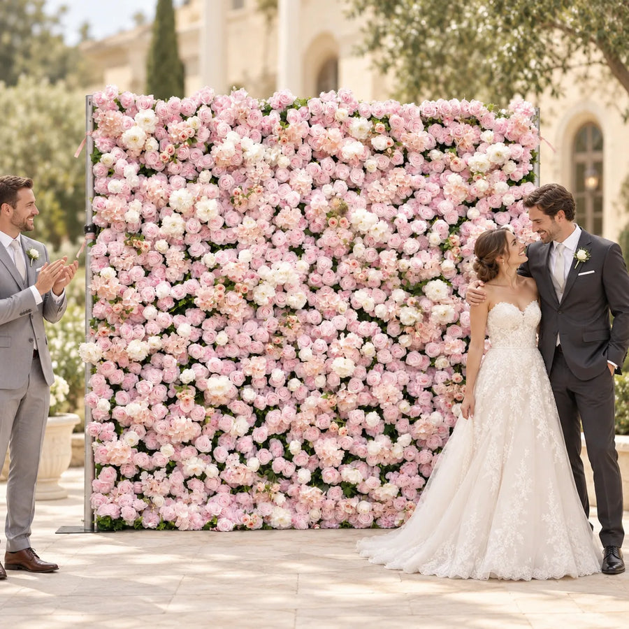 5D Blush Pink & White Artificial Roll-Up Flower Wall — 8 ft × 8 ft in an AI-styled wedding scene