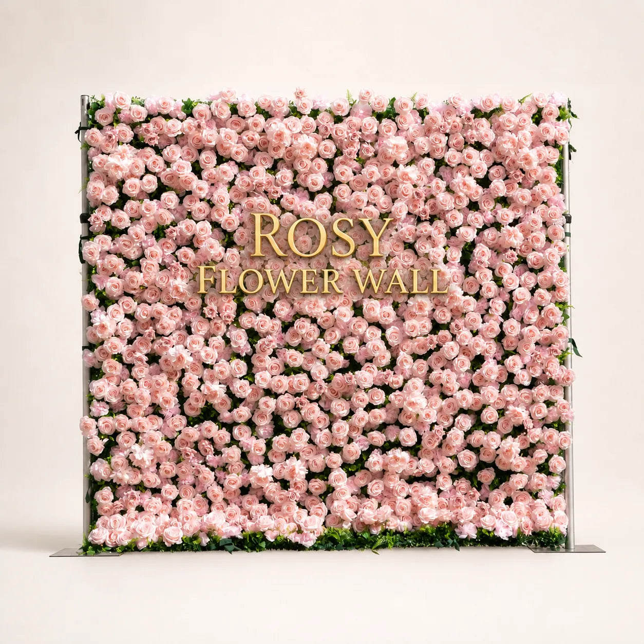 Artificial flower wall front view with gold Rosy Flower Wall logo on warm white background