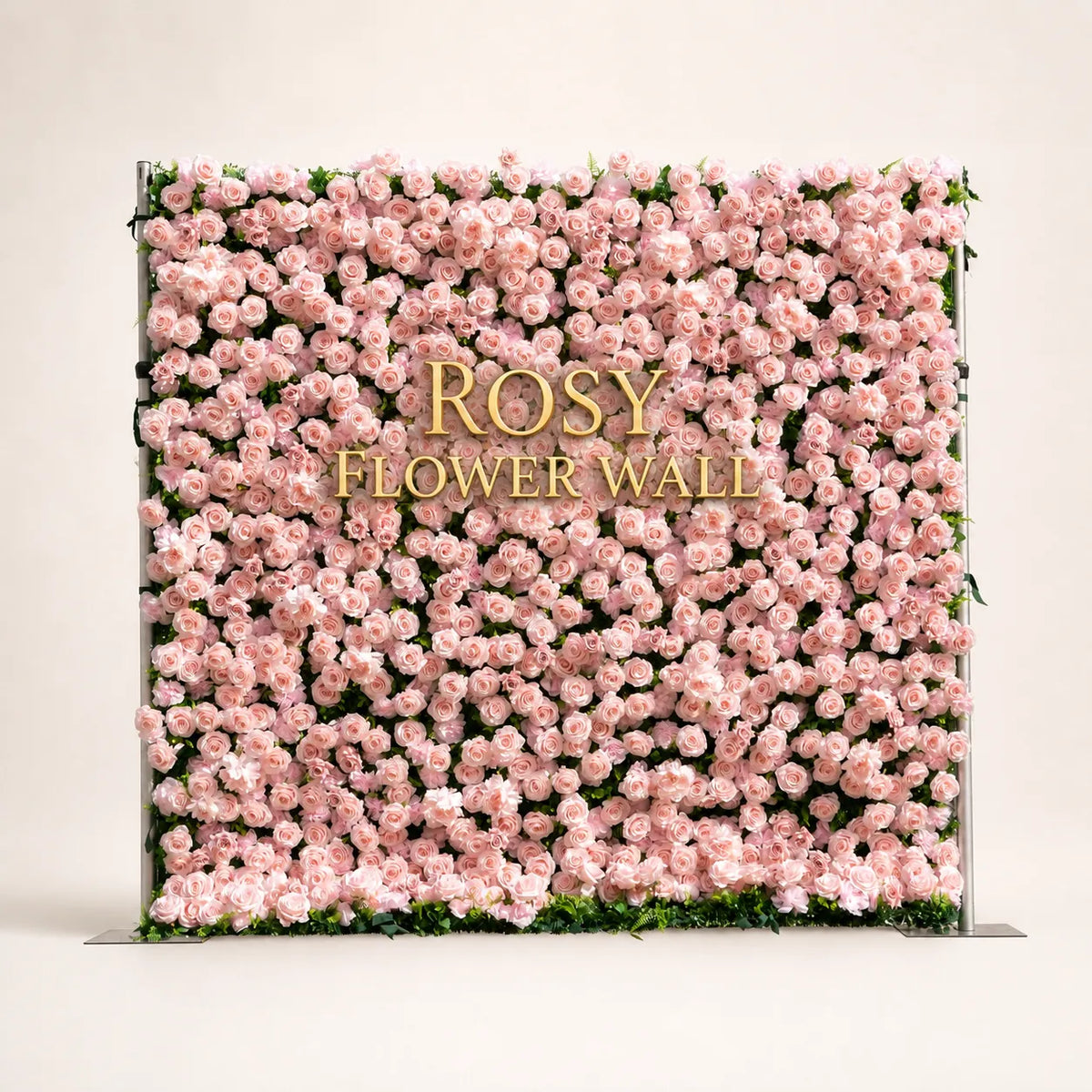 Artificial flower wall front view with gold Rosy Flower Wall logo on warm white background