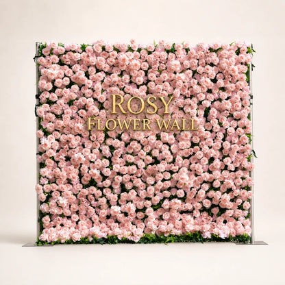Artificial flower wall front view with gold Rosy Flower Wall logo on warm white background