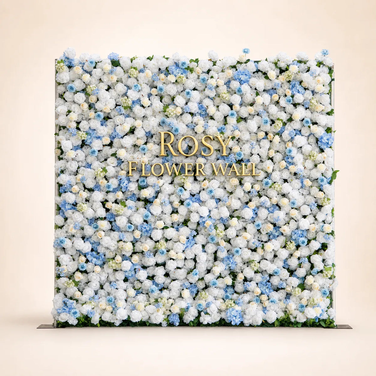 Artificial flower wall front view with gold Rosy Flower Wall logo on warm white background