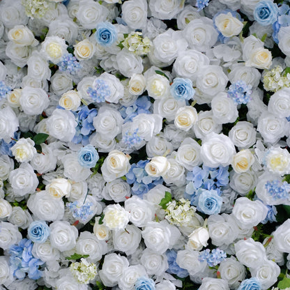 Close-up of blue and white silk flowers on the flower wall