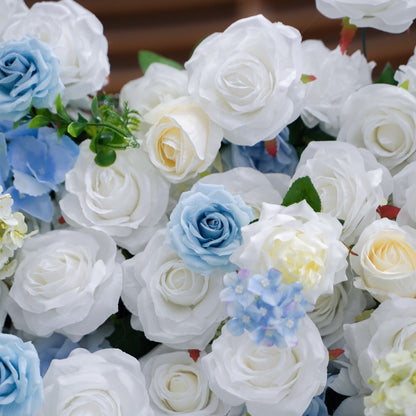 Macro view of blue and white silk flower petals