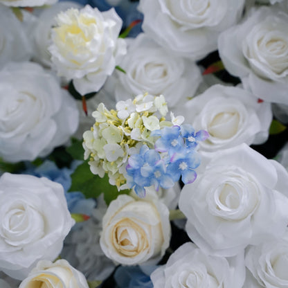 Close-up of blue, white and green flower textures