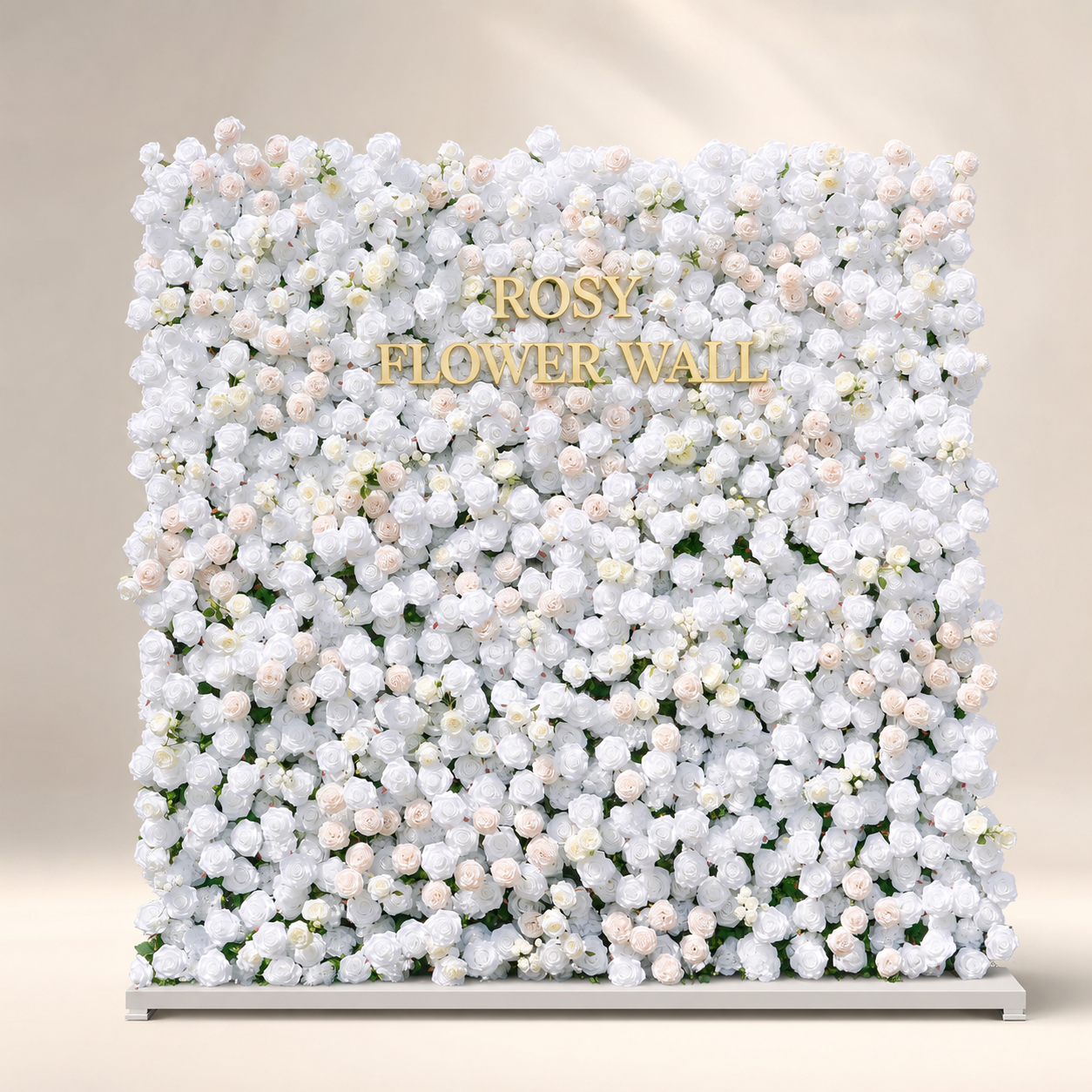 BenBen 5D white and champagne flower wall in warm white studio with gold ROSY FLOWER WALL logo